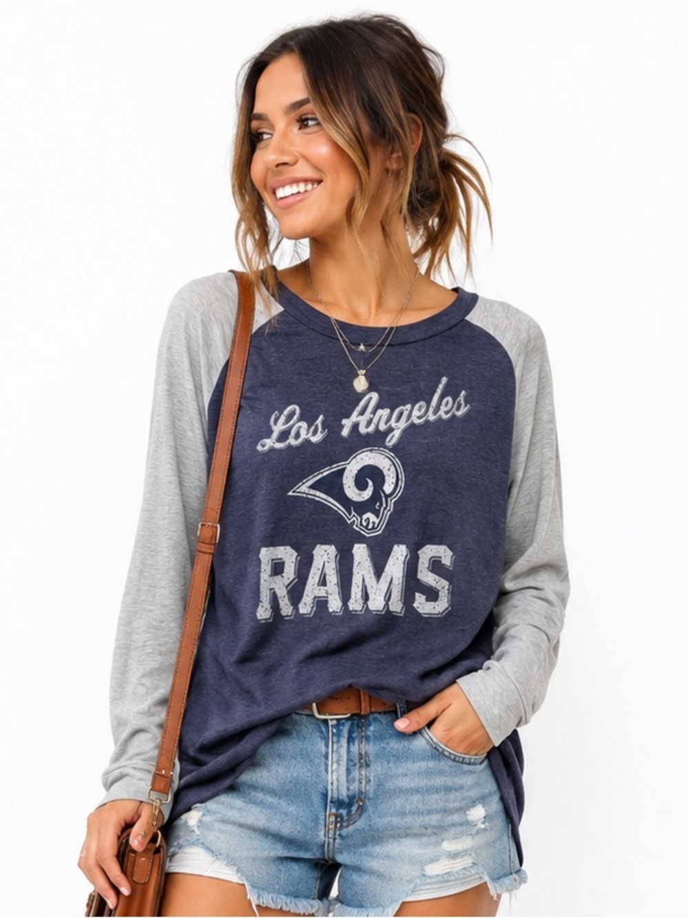 Women’s Los Angeles Rams Navy & Gray Raglan Graphic High Low Hem Tee Plus Sz 2XL